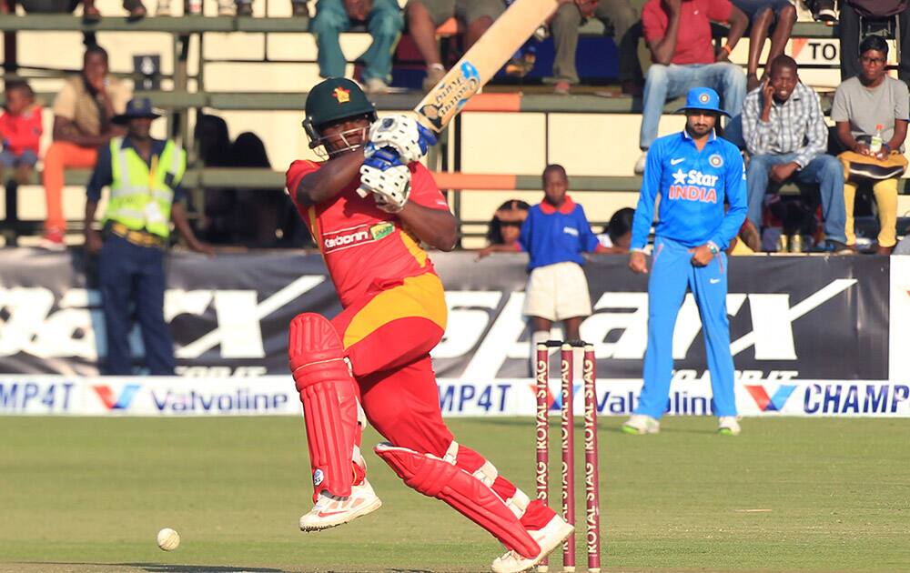 Zimbabwean batsman Nevile Madziva plays a shot in the Twenty20 cricket match against India in Harare, Zimbabwe.