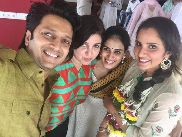 Eid Lunch - with the super host @TheFarahKhan, the champ @MirzaSania & the baiko @geneliad - Twitter@Riteishd