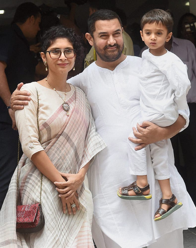 Aamir Khan with his wife Kiran Rao and son Azad during Eid al-Fitr celebrations in Mumbai.