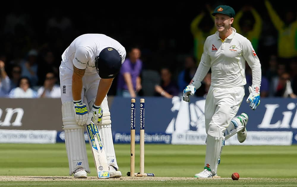 England's Ben Stokes hangs his head after he is bowled by Australia's Mitchell Marsh on the third day of the second Ashes Test match between England and Australia, at Lord's cricket ground in London.