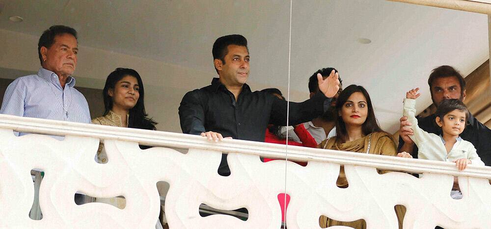 Salman Khan along with his father Salim Khan, brother Sohel Khan, sisters Alvira and Arpita during Eid al-Fitr celebrations in Mumbai.