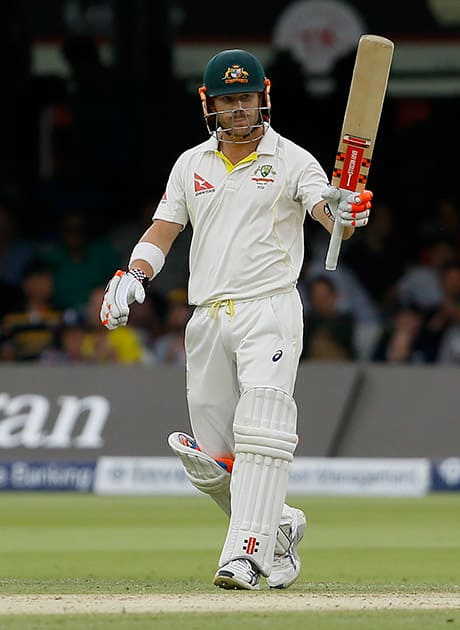 Australia's David Warner celebrates his half century on the third day of the second Ashes Test match between England and Australia, at Lord's cricket ground in London.