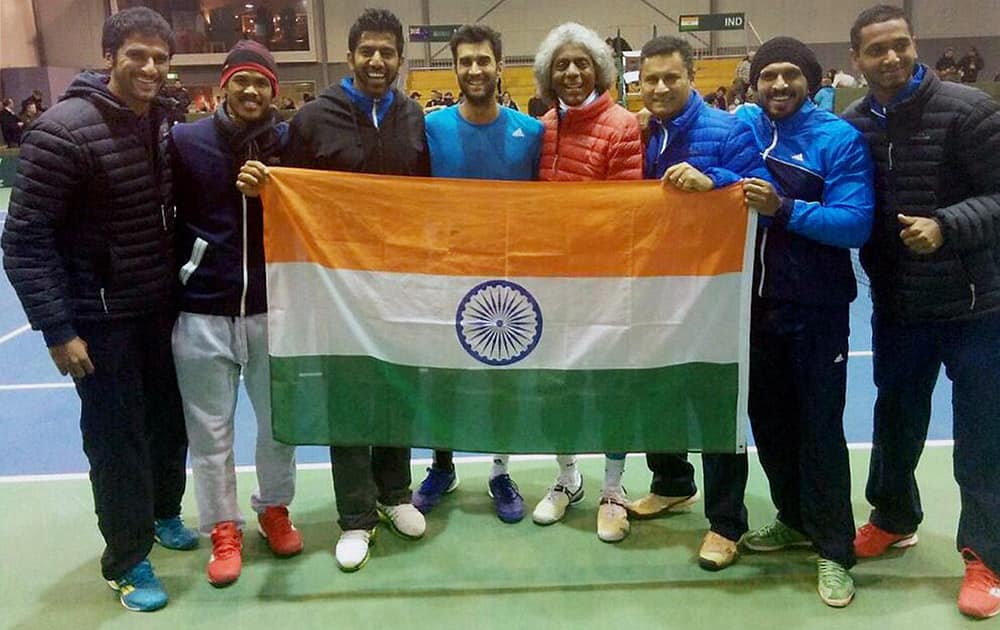 Indian Davis cup team celebrating a 3-2 win over New Zealand in Christchurch.