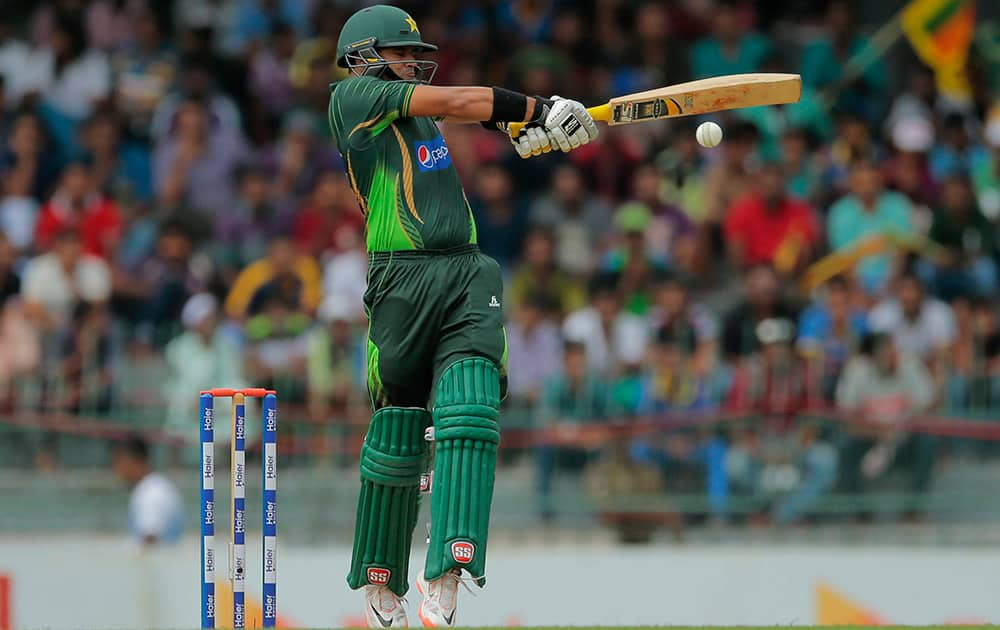 Pakistani batsman Azhar Ali plays a shot during their third one day international cricket match with Sri Lanka in Colombo, Sri Lanka.