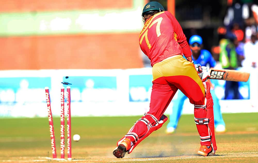 Zimbabwean batsman Craig Ervine is bowled out in the Twenty20 cricket match against India in Harare, Zimbabwe.