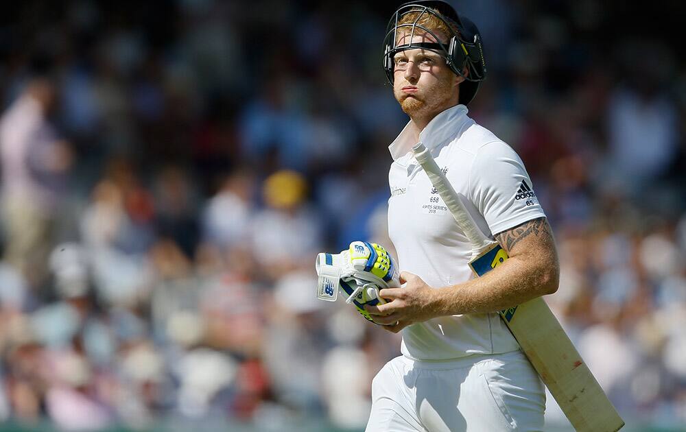 England's Ben Stokes leaves the pitch after being run out on the fourth day of the second Ashes Test match between England and Australia, at Lord's cricket ground in London.