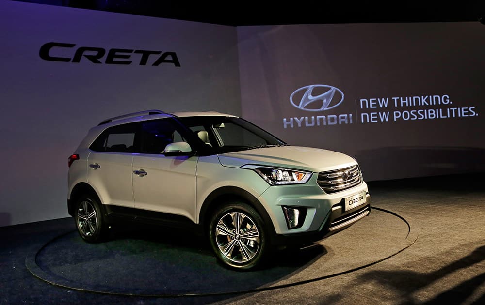 Hyundai's new Sports Utility Vehicle 'CRETA' is displayed during its global launch in New Delhi, India.