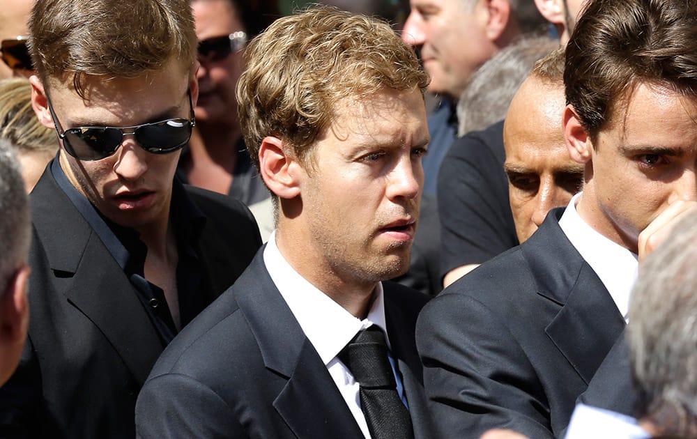 German Formula One driver Sebastian Vettel attends the funeral of French Formula One driver Jules Bianchi at the Sainte Reparate Cathedral during in Nice, French Riviera.