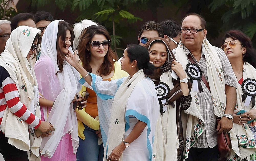 West Bengal Chief Minister Mamata Banerjee meeting Tollywood actors during a TMC rally to observe Martyrs day in Kolkata.