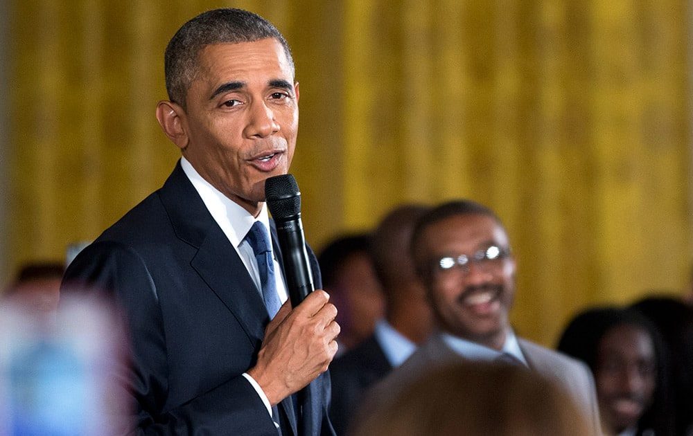 President Barack Obama speaks to a gathering of more than 130 college-bound students and guests from across the county participating in the 2015 Beating the Odds Summit in the East Room of the White House in Washington.