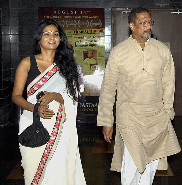 Bollywood actor Nana Patekar and Marathi actor Usha Jadhav during the premiere of Marathi film Manatlya Unhat in Mumbai.