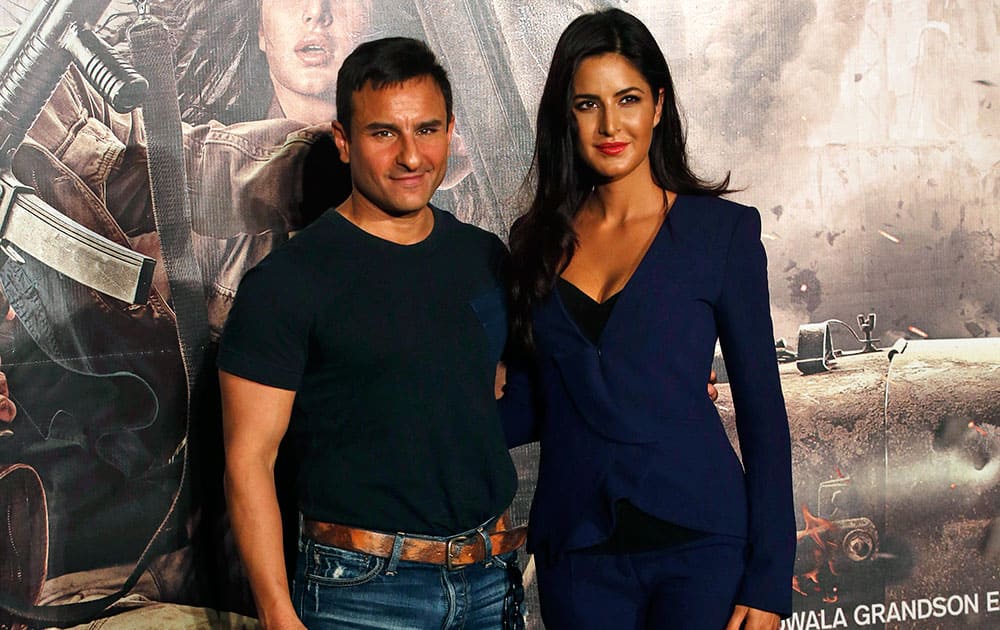 Bollywood actress Katrina Kaif and actor Saif Ali Khan pose for photographs during the trailer launch of his upcoming movie “Phantom” in Mumbai.