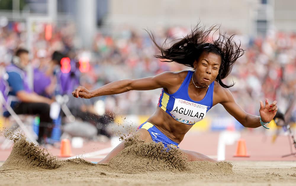 Colombia's Evelis Aguilar competes in the women's heptathlon long jump at the Pan Am Games in Toronto. 