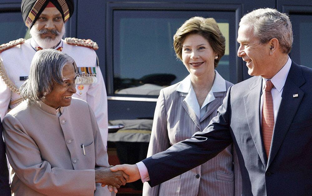 File photo of former president APJ Abdul Kalam with U.S. President George W. Bush and his wife Laura Bush in New Delhi 2006.