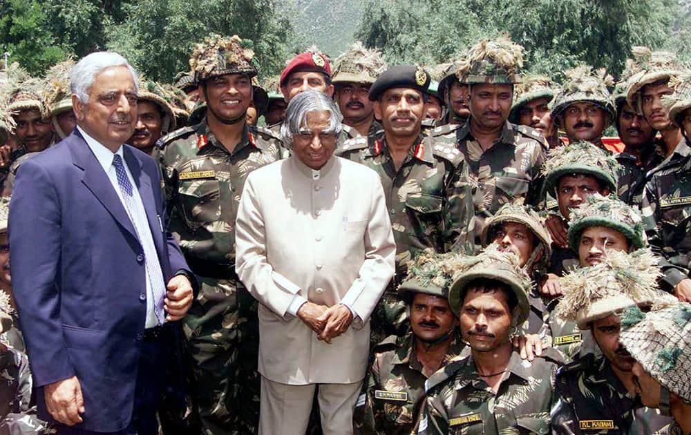 File photo of former president APJ Abdul Kalam with J & K Chief Minister Mufti Mohammad Sayeed in Uri in June 2003. 