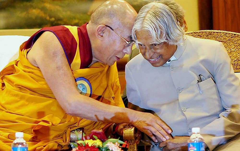 File photo of former president APJ Abdul Kalam with Tibetan spiritual leader Dalai Lama in New Delhi in Nov 2012. 