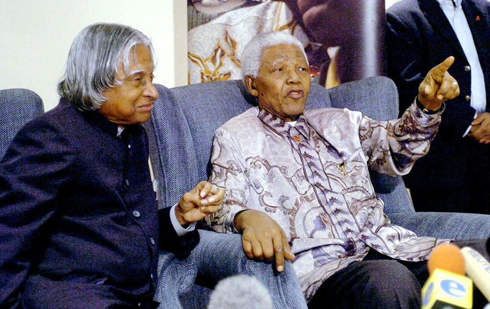 File photo of former president APJ Abdul Kalam with Nelson Mandela in Johannesburg in September, 2004.