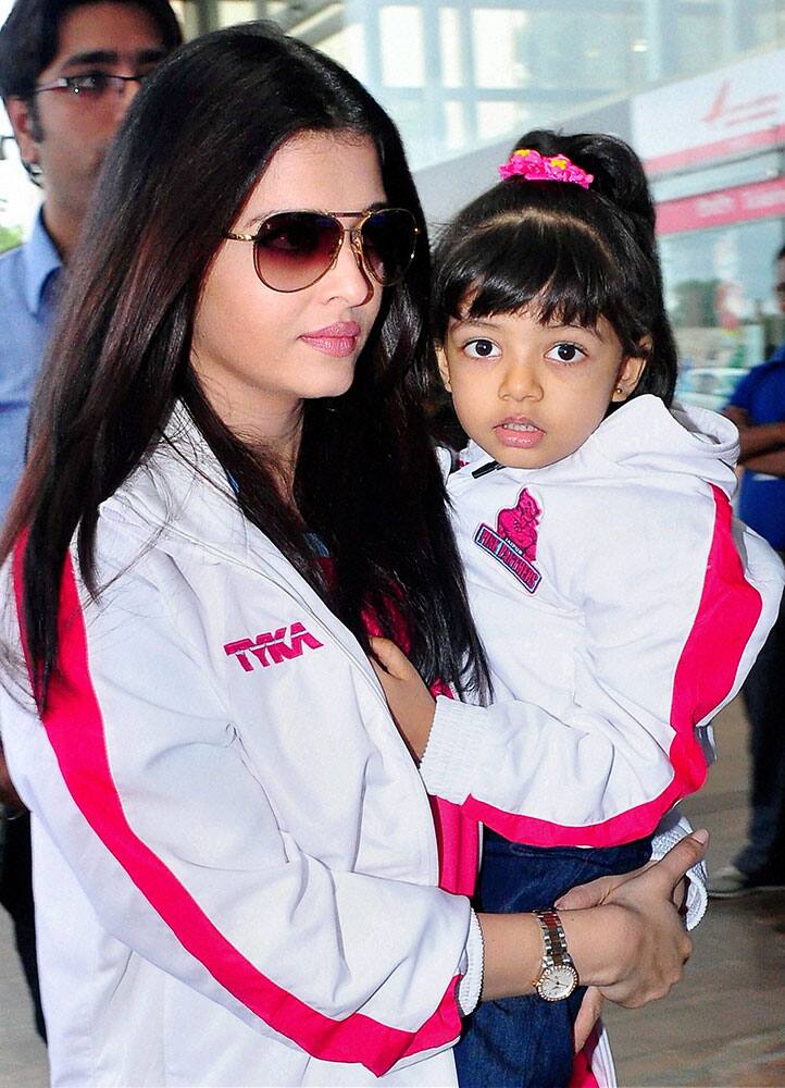 Actress Aishwarya Rai Bachchan with daughter Aaradhya at Sanganer airport in Jaipur.