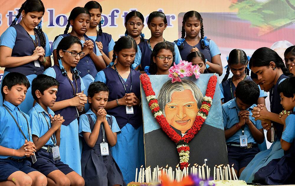 School children pay tribute to former President APJ Abdul Kalam at their school campus in Chennai.