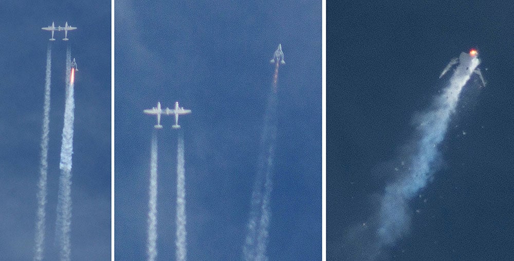 the Virgin Galactic SpaceShipTwo rocket separating from the carrier aircraft, left, prior to it exploding in the air, right, during a test flight over the Mojave Desert. On Tuesday, July 28, 2015, the U.S. National Transportation Safety Board concluded the co-pilot prematurely unlocked its brakes as the craft was shooting toward space, causing the accident.