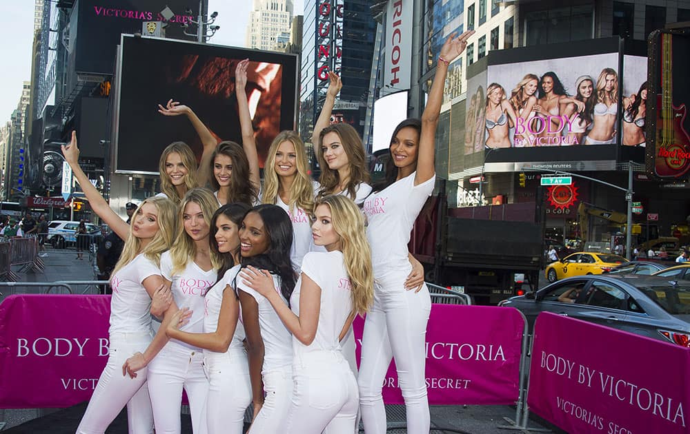 The newest Victoria's Secret Angels, clockwise from top left, Kate Grigorieva, Taylor Hill, Romee Strijd, Jac Jagaciak, Lais Ribeiro, Stella Maxwell, Jasmine Tookes, Sara Sampaio, Martha Hunt and Elsa Hosk launch the Body By Victoria campaign in Times Square.