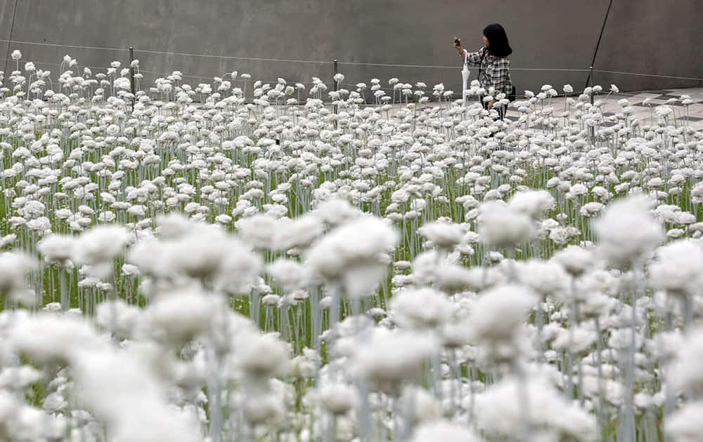 A woman takes a photo near the LED Rose Garden at Dongdaemun Design Plaza in in Seoul, South Korea.