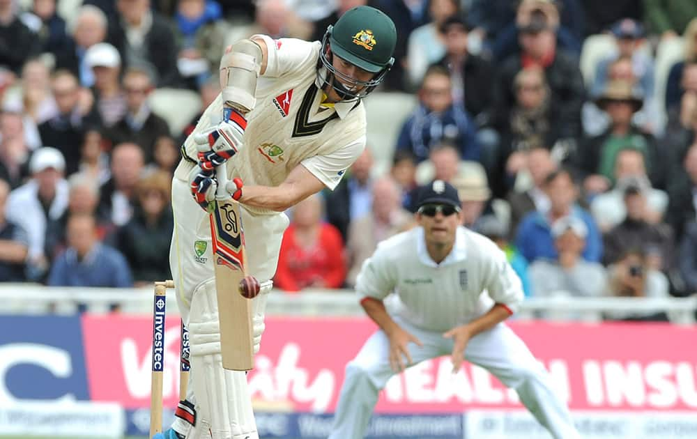 Australia’s Chris Rogers plays a shot during day one of the third Ashes Test cricket match, at Edgbaston, Birmingham, England.