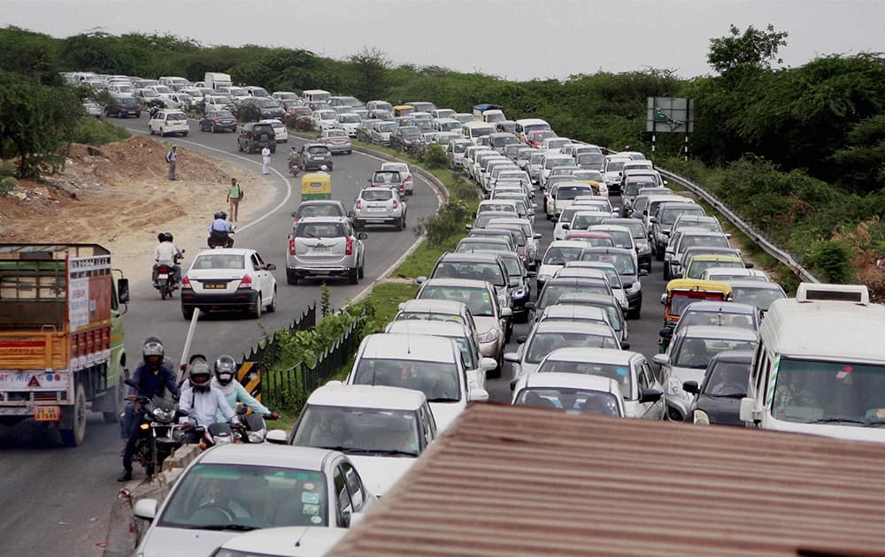 Heavy traffic jam at Gurgaon-Faridabad expressway in Gurgaon after an accident.