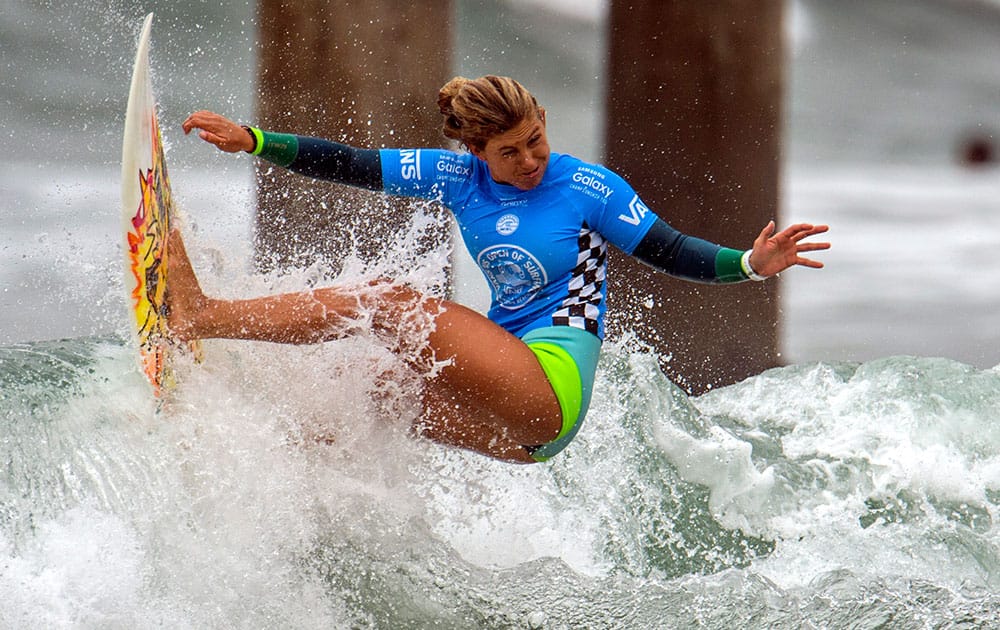 Sage Erickson competes in the second round of the U.S. Open of Surfing in Huntington Beach, Calif. 