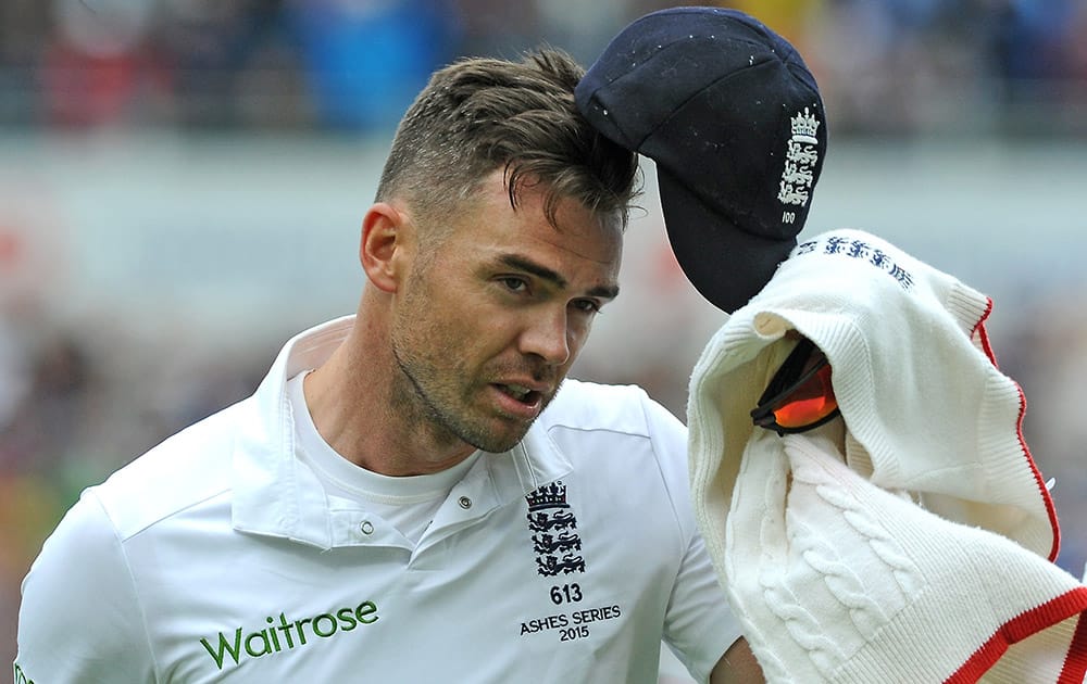 England’s James Anderson acknowledges applause from the fans after getting six wickets against Australia during day one of the third Ashes Test cricket match, at Edgbaston, Birmingham, England.