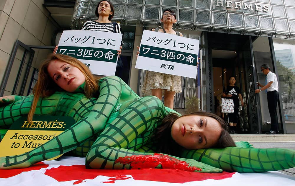 Activists of People for the Ethical Treatment of Animals, or PETA perform with their bodies painted to look like slaughtered crocodiles in front of a Hermes shop at Tokyo's Ginza shopping district. The banners read 