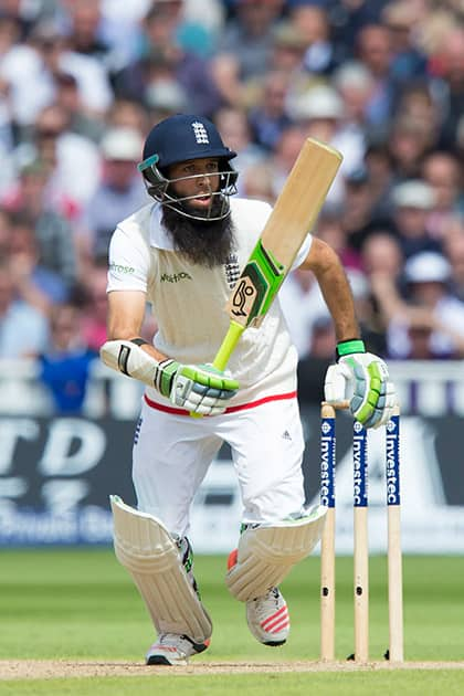 England's Moeen Ali bats on the second day of the third Test match of the five match series between England and Australia at Edgbaston cricket ground in Birmingham, England.