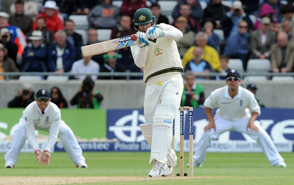 Australia’s Michael Clarke plays a shot during day two of the third Ashes Test cricket match against England at Edgbaston, Birmingham, England.