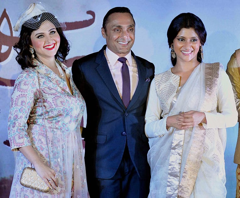 Bollywood actors Rahul Bose, Konkona Sen Sharma (R) and Tollywood actress Swastika Mukherjee (L) during the promotion of their upcoming Bengali movie Shesher Kobita (The Last Poem) in Kolkata.