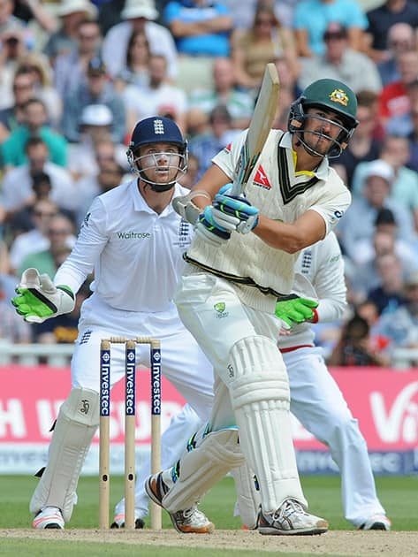 Australia’s Mitchell Starc plays a shot during day three of the third Ashes Test cricket match, at Edgbaston, Birmingham, England.