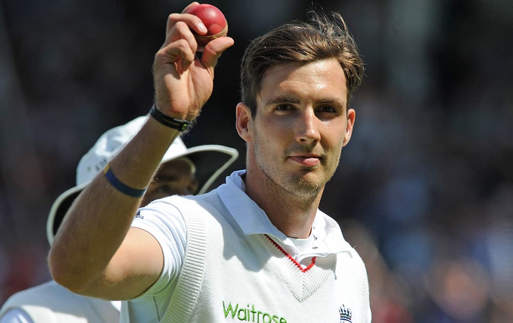 England’s Steven Finn acknowledges the fans after finishing with six wickets during day three of the third Ashes Test cricket match, at Edgbaston, Birmingham, England.