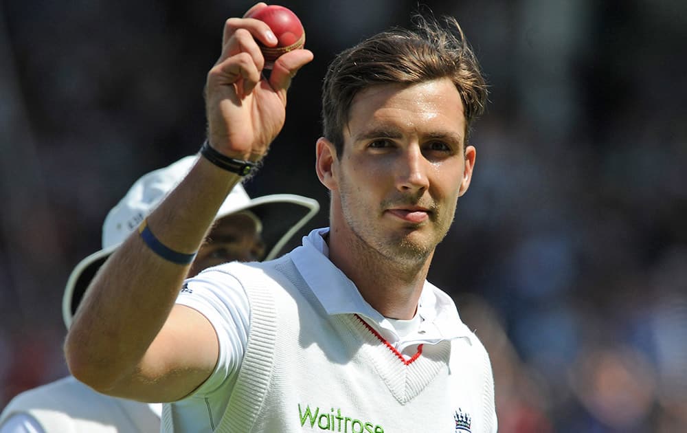 England’s Steven Finn acknowledges the fans after finessing with six wickets during day three of the third Ashes Test cricket match, at Edgbaston, Birmingham, England.