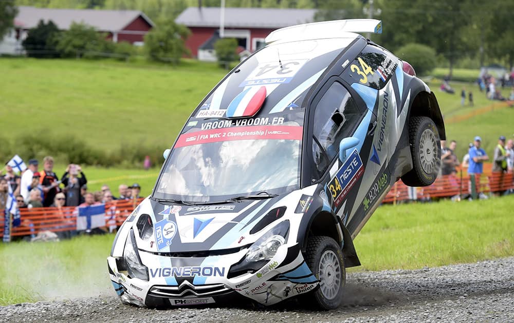 French WRC2 Citroen DS3 RRC driver Quentin Giordano and co-pilot Valentin Sarreaud land after a jump, during the Ouninpohja special stage of the 2015 FIA World Rally Championship WRC Rally of Finland in Jyvaskyla, Finland.