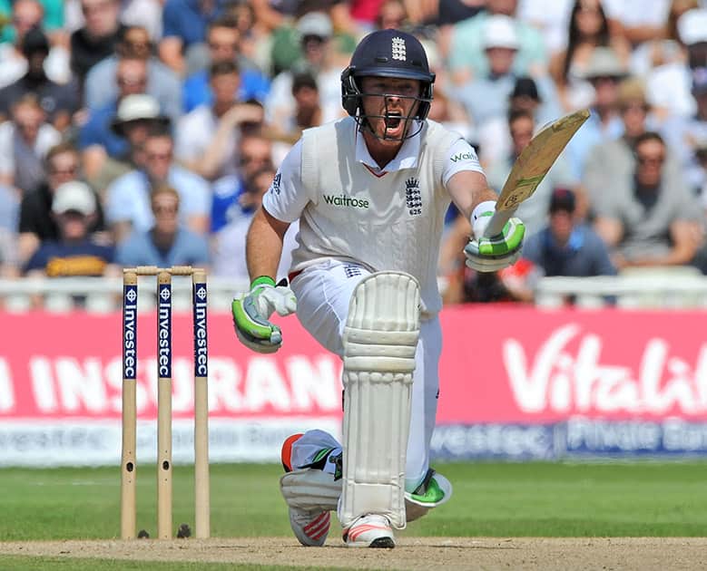 England’s Ian Bell reacts during day three of the third Ashes Test cricket match, at Edgbaston, Birmingham, England.