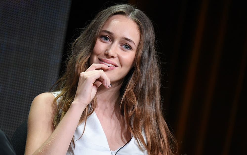 Actress Alycia Debnam-Carey speaks onstage during the 'Fear The Walking Dead' panel at the AMC 2015 Summer TCA Tour held at the Beverly Hilton Hotel, in Beverly Hills, Calif