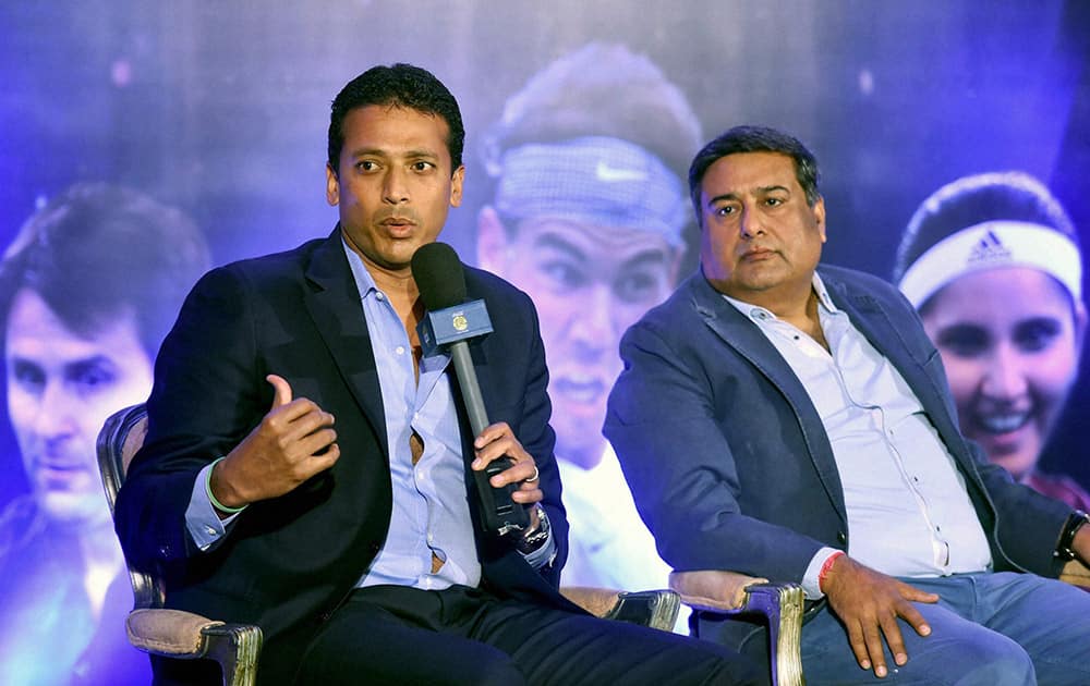 International Premier Tennis League (IPTL) Founder and Managing Director, Mahesh Bhupathi addresses the media at the launch of season 2 of IPTL 2015 in New Delhi.