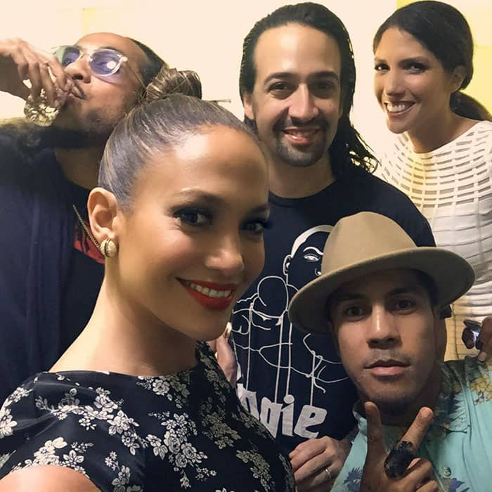 Jennifer Lopez :- After show shenanigans @lin_manuel @lyndalopez08 #richandtone #Familia -twitter