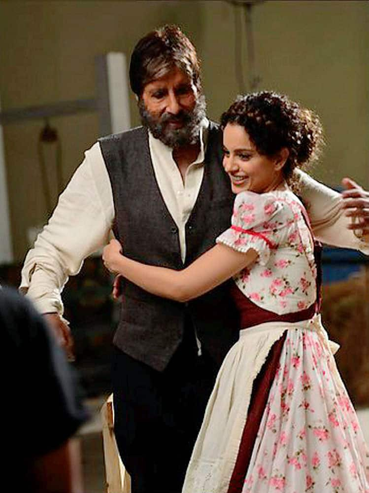 Actors Amitabh Bachchan and Kangna Ranaut during a commercial shoot. 
