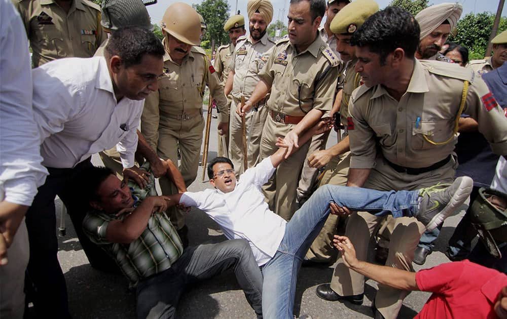 Police detained congress party workers at a protest during Jammu Bandh over the AIIMS issue, in Jammu.