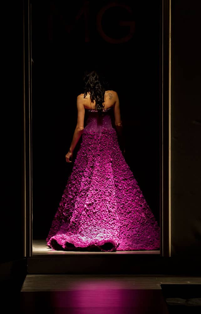 A model displays a creation by Indian designer Manav Gangwani at the Amazon India Couture Week 2015 in New Delhi.