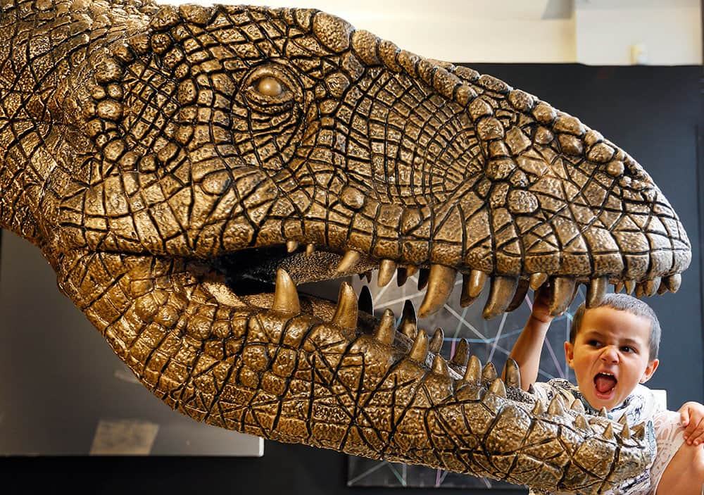 Noah Wiles, three years old, looks at a massive bronzed fibre glass model of a Tyrannosaurus Rex on display during a press preview at Christie's auction rooms in London.