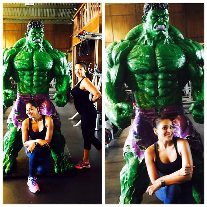 Bipasha Basu ‏:- New guy in our gym @palivillagecafe ! Never really posed with any guy for a pic in the gym! Hulk…  -instagram