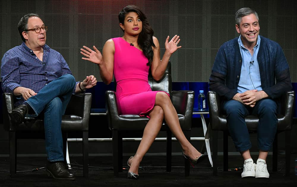 Executive producer Mark Gordon, from left, actress Priyanka Chopra, and writer/executive producer Joshua Safran appear during the 