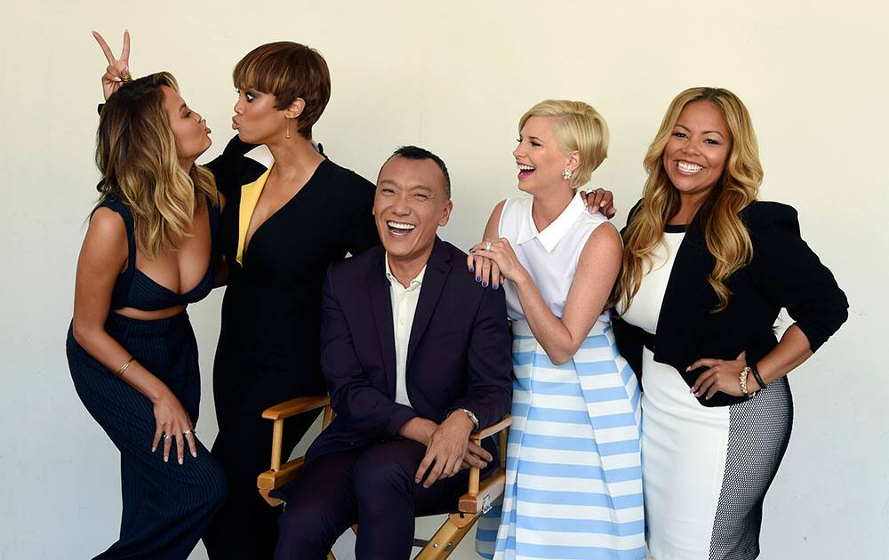 Chrissy Teigen, from left, Tyra Banks, Joe Zee, Leah Ashley and Lauren Makk, hosts of the lifestyle talk show 