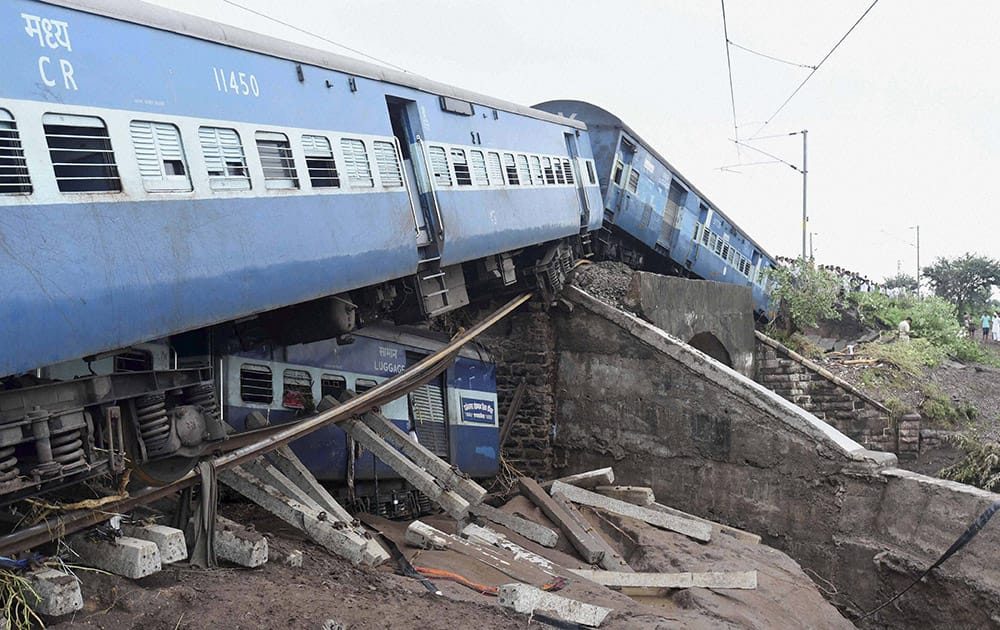 Wreckage of bogies of a train after two express trains derailed in Harda district of Madhya Pradesh.